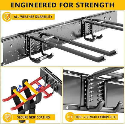 Garage Tool Organizer Wall Mount, 48inch Heavy-Duty Garage Storage System and Garden Tool Organizer with 6 Adjustable Straight Hooks for Shovel, Snowboard, Yard Tools and Shed