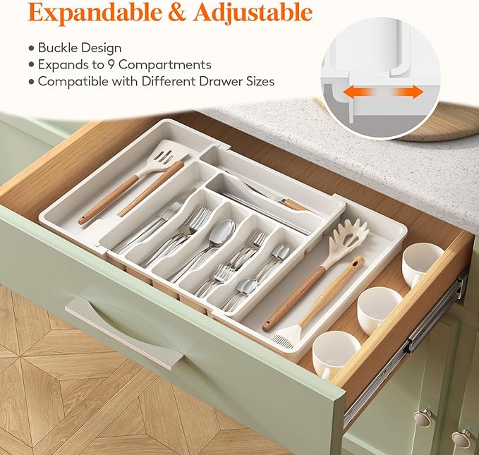 Lifewit Utensil Organizer for Kitchen Drawer, Expandable Cooking Silverware Tray, Adjustable Cutlery Flatware Holder, Plastic Spatula Tools Storage Divider, 13-22.4 x 15", White
