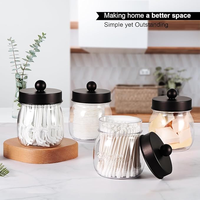 Farmhouse Decor Apothecary Jar Set, Mason Jar Bathroom Vanity Storage Organizer Canister-Qtip Holder Plastic Acrylic Jar for Cotton Swab, Cotton Pad, Floss Pick, Paper Clip, Hair Clip (2 Pack, Bronze)