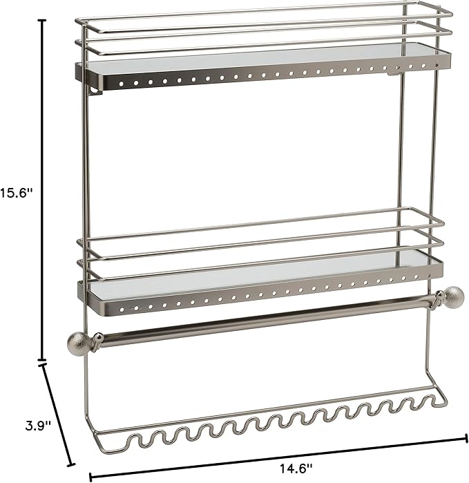 Home Details Wall Mounted Jewelry Organizer | Dimensions: 14.6"x 3.9"x 15.6" | 2 Tier Mirror | Home Organization | Great for Bracelets | Necklaces | Earrings | Mirror Based Shelf | Satin Finish