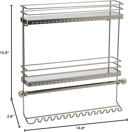 Home Details Wall Mounted Jewelry Organizer | Dimensions: 14.6"x 3.9"x 15.6" | 2 Tier Mirror | Home Organization | Great for Bracelets | Necklaces | Earrings | Mirror Based Shelf | Satin Finish