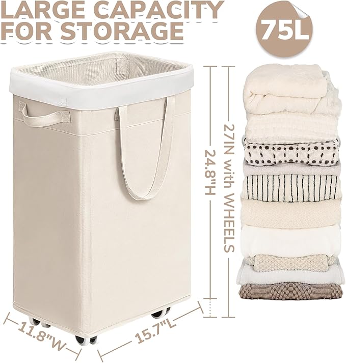 CHICVITA Collapsible Laundry Basket on Wheels 75L, Slim Laundry Hamper with Removable Wash Bag for Bedroom, Clothes Hampers for Laundry, Ivory