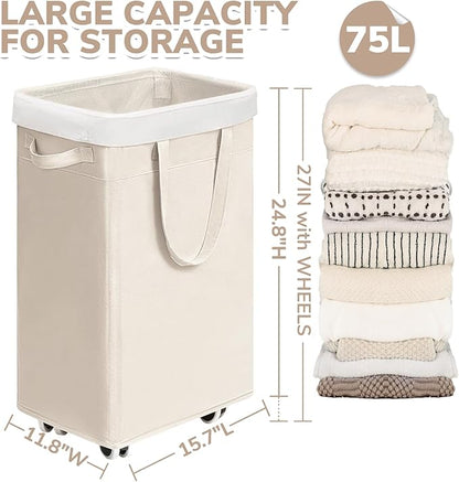 CHICVITA Collapsible Laundry Basket on Wheels 75L, Slim Laundry Hamper with Removable Wash Bag for Bedroom, Clothes Hampers for Laundry, Ivory