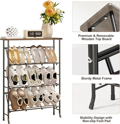 JZM Shoe Rack Storage, Narrow 4 Tier Metal Shoe Storage Shelf, Free Standing Shoe Racks, Space Saving Shoe Rack Organizer for Entryway, Hallway, Bedroom, Living Room(12-16 Pair)