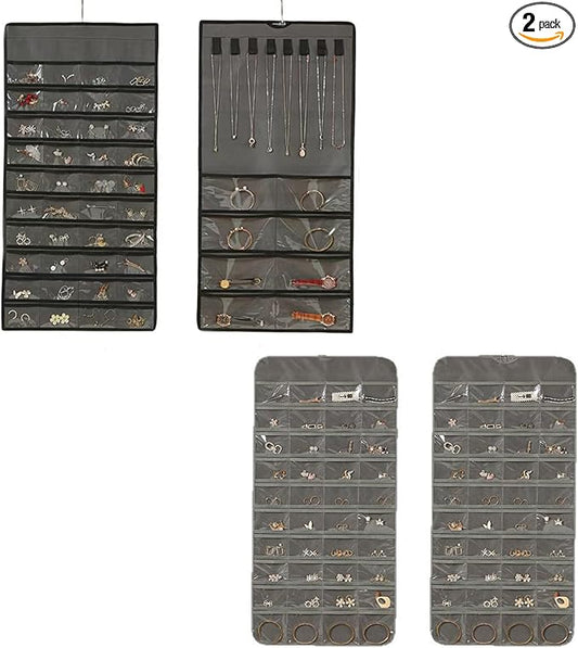 2 Pack Dual-Sided Hanging Jewelry Organizer with 128 Pockets & 8 Necklace Hooks, Wall Closet Door Jewelry Holder for Earrings, Bracelets, Necklaces Display Storage