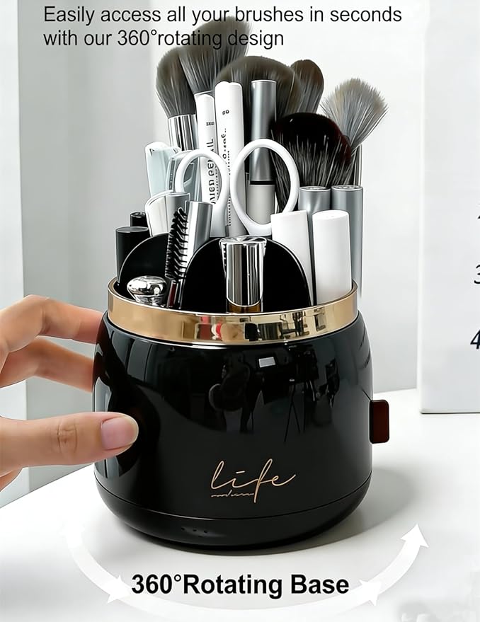 360 Rotating Makeup Brush Holder with Lid,Clear Dustproof Make Up Organizers for Vanity Countertop,Includes a Foldable Bowl for Cleaning Makeup Brush,Transparent, Dustproof -Black