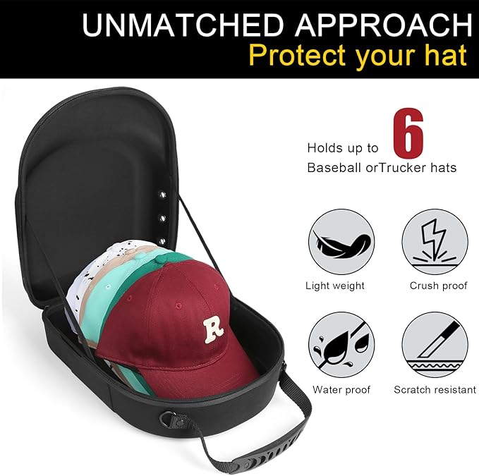 GERMUN Hard Baseball Hat Case with 6pcs Hat Hooks, Hat Carrier Travel Case with Adjustable Shoulder Strap, Hat Cap Case for 6 Baseball Caps - Perfect for Traveling (Black)