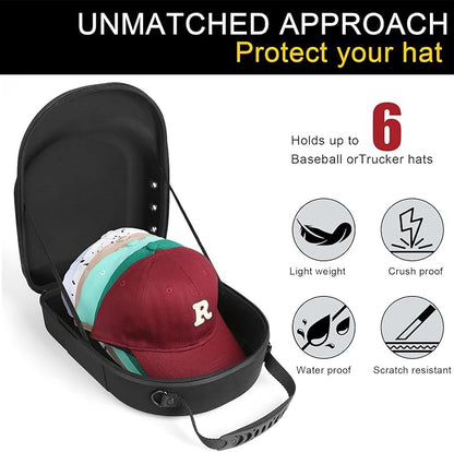 GERMUN Hard Baseball Hat Case with 6pcs Hat Hooks, Hat Carrier Travel Case with Adjustable Shoulder Strap, Hat Cap Case for 6 Baseball Caps - Perfect for Traveling (Black)