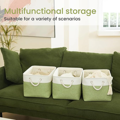 Large Storage Baskets- 15x11x10 inch Storage Bins for Shelves and Closet Organizing, Foldable Fabric Bin for Home Organization Clothes and Laundry (3-Pack, White&Green)