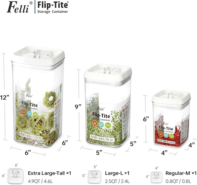 Felli Flip Tite Acrylic Food Storage Container with Lid 6” XL Air Tight Ring Seal Flip Lock, Plastic Kitchen Baking Canister for 5 lb Flour Sugar Rice Protein Powder Pantry Organizer (Nest-L White)