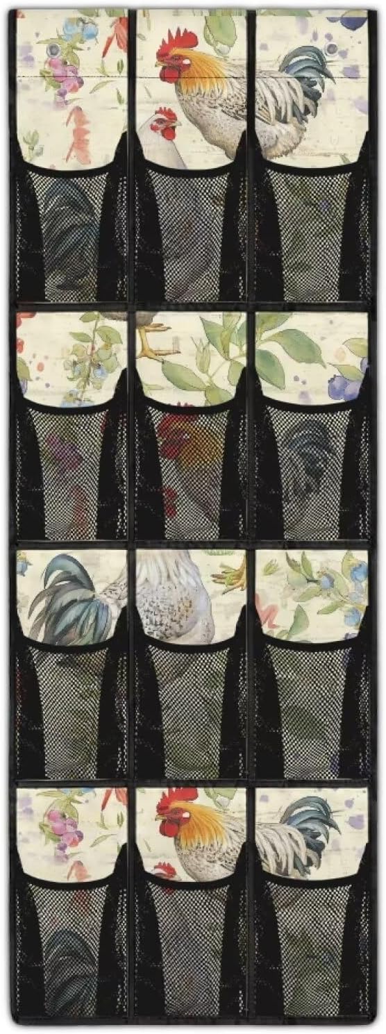 Rooster Print Over the Door Shoe Organizer,Behind Door Shoes Hang Holder Rack,Hanging Shoe Storage Hanging Bag Storage for Small Spaces