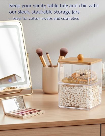 Cotton Swab Holder with Bamboo Lid, Double Layer Cotton Bud Dispenser, Premium Plastic Organizer for Guest Bathroom Vanity, Floss Pick & Hair Tie Storage Container