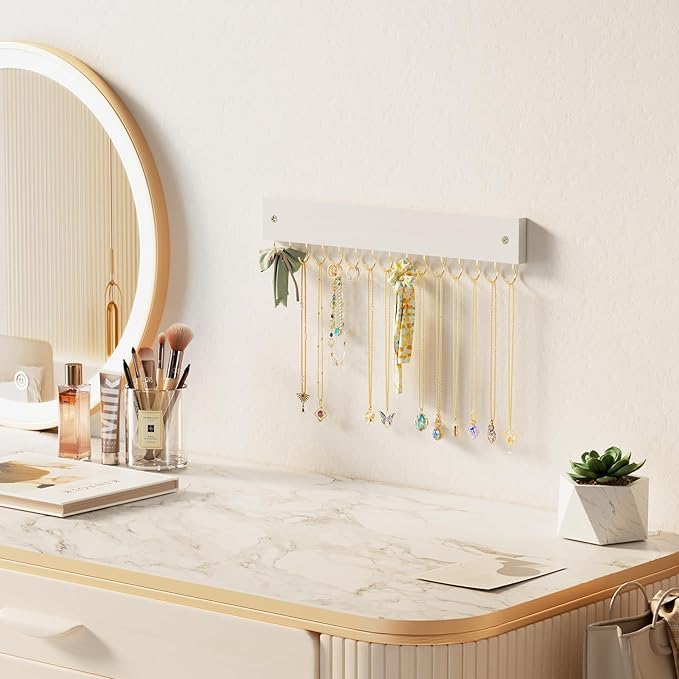 Lolalet Wooden Necklace Holder for Wall with 15 Hooks, Necklaces Hanger Easy Install Wall Mount Necklace Organizer, Jewelry Hangers for Chains, Bracelets, Earrings -Goldwhite