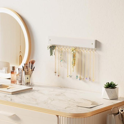 Lolalet Wooden Necklace Holder for Wall with 15 Hooks, Necklaces Hanger Easy Install Wall Mount Necklace Organizer, Jewelry Hangers for Chains, Bracelets, Earrings -Goldwhite