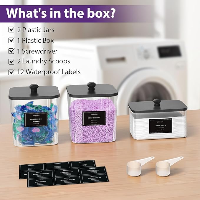 COAZEX 2+1 Pack Clear Laundry Pods Container & Dryer Sheet Holder, Plastic Square Laundry Room Organization and Storage Jars with Black Lids, Scoops & Labels for Detergent, Powder, Dryer Balls