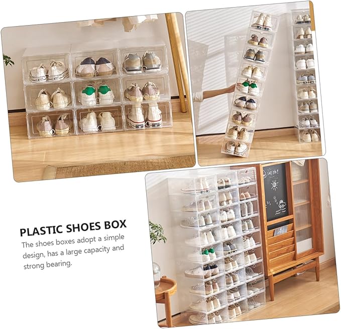 VICASKY 6Pcs Transparent Plastic Shoe Boxes with Front Drawer Design Stackable and Footwear Storage Containers for Home Dorm Bedroom and Shoe Store Organization