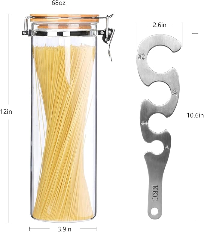 KKC HOME ACCENTS Glass Pasta Storage Container With Measuring Tool, Spaghetti Jar, Noodle Holder, Tall Container With Bamboo Lid, 68 Floz
