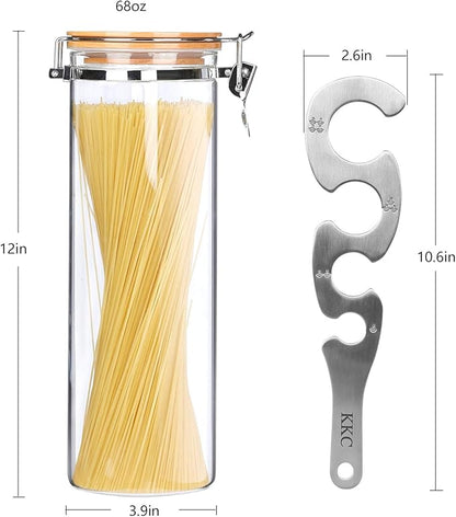 KKC HOME ACCENTS Glass Pasta Storage Container With Measuring Tool, Spaghetti Jar, Noodle Holder, Tall Container With Bamboo Lid, 68 Floz