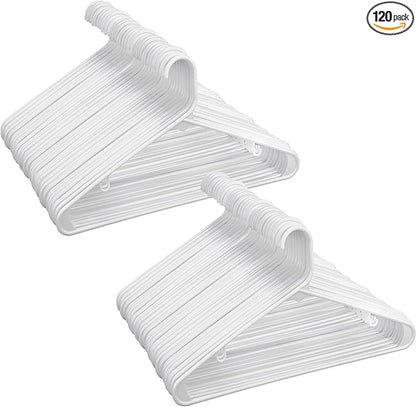Jetec 120 Pcs Plastic Clothes Hangers Bulk Heavy Duty Hangers with Hooks Durable, Space Saving Thick Closet Hangers Coat Hanger for Clothing Adult Shirts Pants Dresses(White)