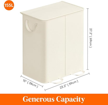 Lifewit Double Laundry Hamper with Lid and Removable Laundry Bags, Large Collapsible 2 Dividers Dirty Clothes Basket with Handles for Bedroom Laundry Room Closet Bathroom College, 155L Ivory White