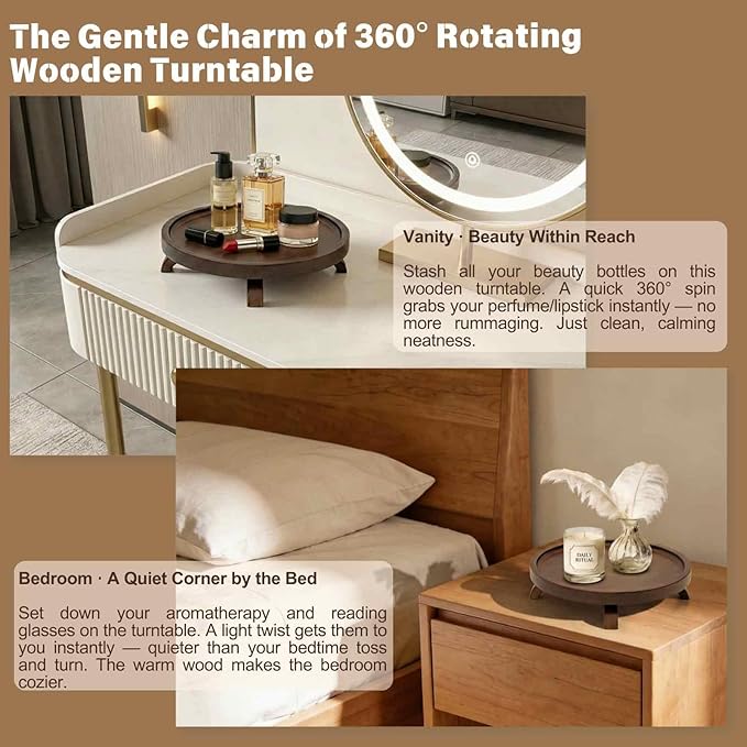 12" Solid Wood Lazy Susan Turntable Organizer for Cabinet, Pantry, Kitchen Countertop - Farmhouse Style with Raised Feet & Water-Resistant Coating, Rustic Bathroom Vanity Tray and Dining Table Decor