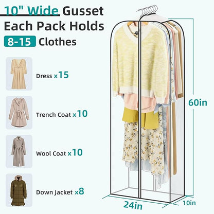 LANDNEOO 6 Pack Clear Garment Bags for Hanging Clothes with Zippers on Double Sides - 10'' Clothes Storage for Coat, Dress, and Fur in Closet - 60'' Long Suit Bags