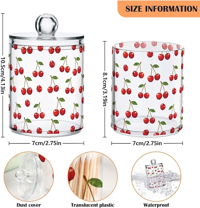 ALAZA 2pcs Red Cherry with Green Leaves Qtip Holder Dispenser 14 oz Bathroom Storage Clear Apothecary Jars Containers Cotton Ball,Cotton Rounds,Floss Picks, Hair Clips, Food