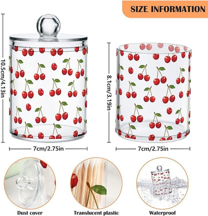 ALAZA 2pcs Red Cherry with Green Leaves Qtip Holder Dispenser 14 oz Bathroom Storage Clear Apothecary Jars Containers Cotton Ball,Cotton Rounds,Floss Picks, Hair Clips, Food