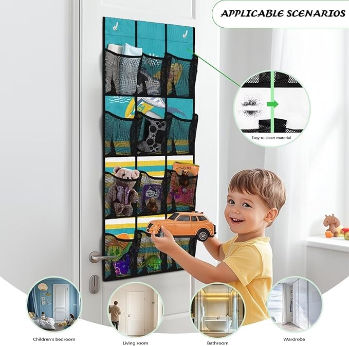 Large Capacity Door Organizer with 12 Pockets, Storage Hanging Bag Behind the Door for Accessories and Essentials, Foldable and Space Saving Design for Home Use, Cartoon Shark and Stripe