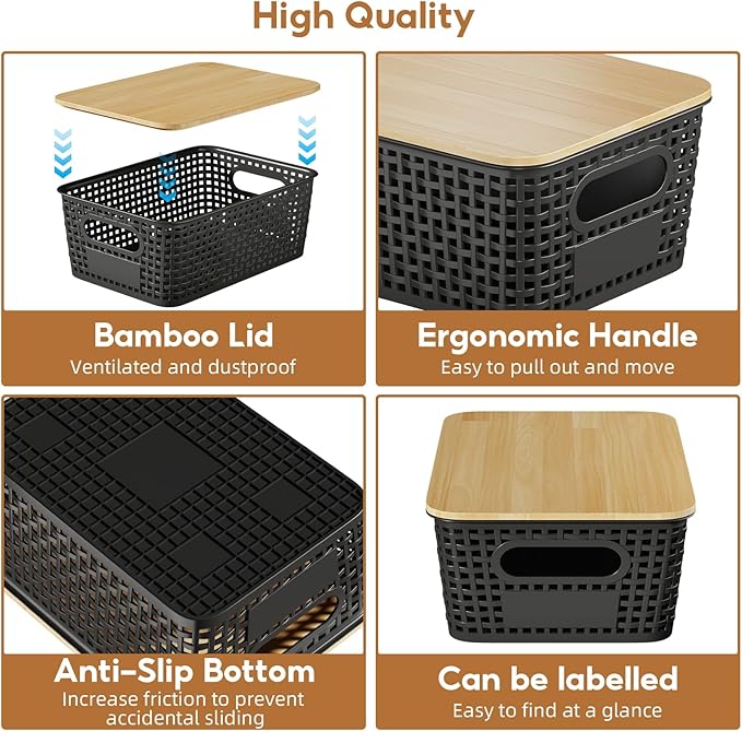 8 Pcs Plastic Storage Bins with Bamboo Lids and Labels 5.29qt Stackable Box Basket Pantry Decorative Containers, Small Storage Baskets for Desktop Organizing Shelves Bedrooms Cabinets 10*7.2*4.1"