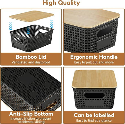 8 Pcs Plastic Storage Bins with Bamboo Lids and Labels 5.29qt Stackable Box Basket Pantry Decorative Containers, Small Storage Baskets for Desktop Organizing Shelves Bedrooms Cabinets 10*7.2*4.1"