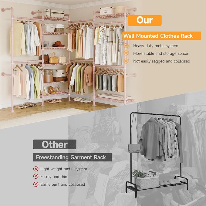 ONBRILL L4 Wall Mounted Industrial Pipe Clothing Rack, Closet Organizer System with 6 Hanging Clothes Rods ( 4 Expandable Rods) & 8 Shelves, Heavy Duty Corner Garment Rack, Large Wardrobe - Pink