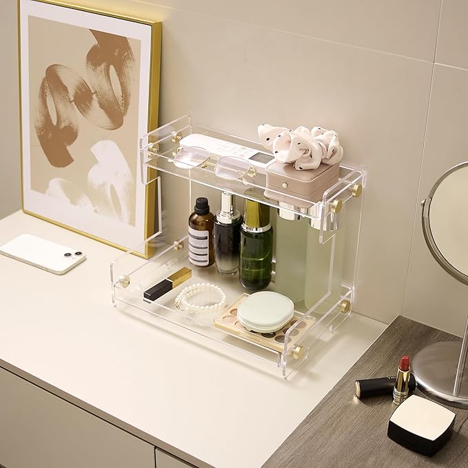 LEQ 2 Tier Bathroom Organizer Countertop Storage, Acrylic Standing Holder Cosmetic Storage Perfume Shelf for Bathroom, Bedroom, Dressing Table and Other Scenes that Need Storage