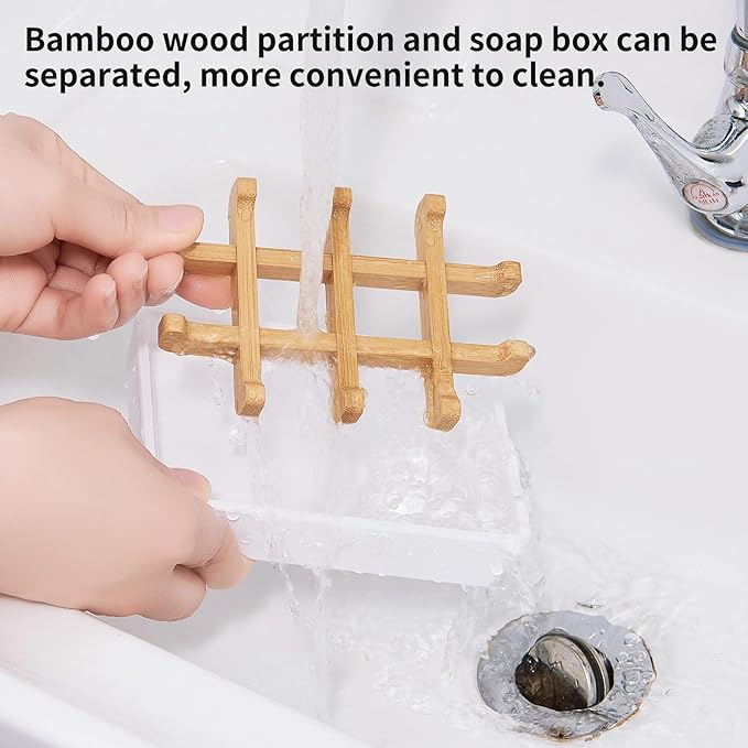 Bamboo Soap Dishes for Shower Wooden Soap Bar Holder for Bathroom Soap Tray Easy to Clean, Durable and with Non-Slip Pads(Single White Square)