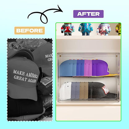 Clear Hat Box Storage, Baseball Cap Organizer for Baseball Caps, Hat Acrylic Display Case with Removable Compartment, Plastic Stackable Hats Holder Organizer Box with Magnetic Lid, 1 Pack