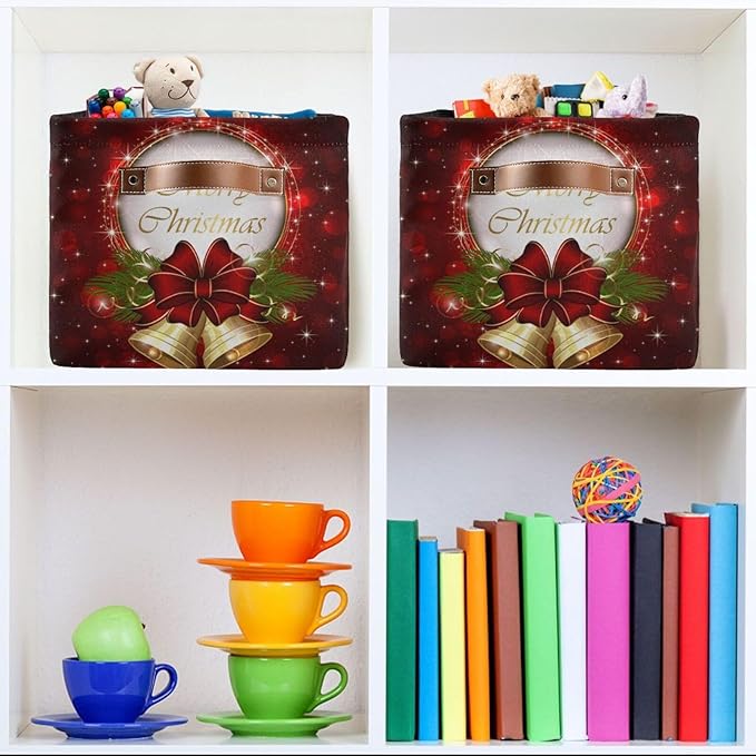 Red Bells Basket Decor Xmas Winter Holly Storage Bin Fabric Storage Box Cube with Handles Large Kids Toys Clothes Organizer for Nursery Bedroom