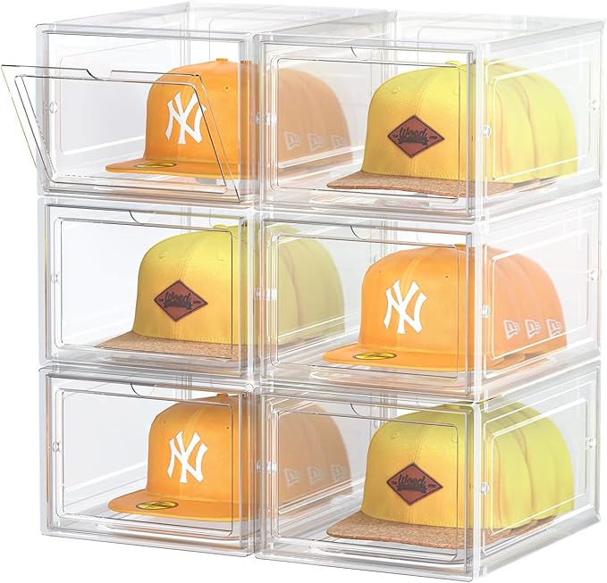 SCAVATA Hat Organizer Box, Stackable Clear Baseball Caps Holder Box Containers with Magnetic Door for Hats Snapback Cap Storag, Hat Rack Display Case, Holds 8 Hats Each (Clear, 6 Pack)