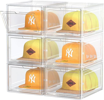 SCAVATA Hat Organizer Box, Stackable Clear Baseball Caps Holder Box Containers with Magnetic Door for Hats Snapback Cap Storag, Hat Rack Display Case, Holds 8 Hats Each (Clear, 6 Pack)