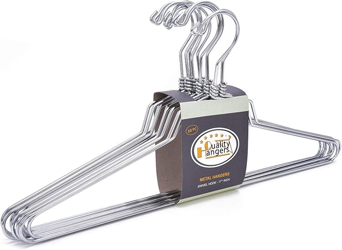 Quality Metal Hangers - Swivel Hook, Stainless Steel, Heavy Duty, Wire Clothes - 10 Standard, 17 Inches