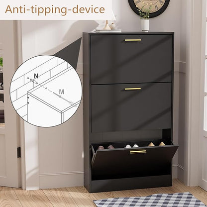 LYNSOM Shoe Cabinet, Free Standing Tipping Bucket Shoe Rack Organizer with 3 Flip Drawers, Modern Entryway Shoe Storage with Top Display, Narrow Slim Hidden Shoe Cabinet (Black)