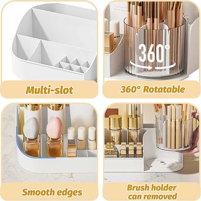 DASITON Large Capacity Makeup Organizer with 360° Rotating Makeup Brush Holder, Perfume and Skincare Storage Organizers for Vanity Bathroom Countertop, Cosmetic Display Case (White, 2 Tier)