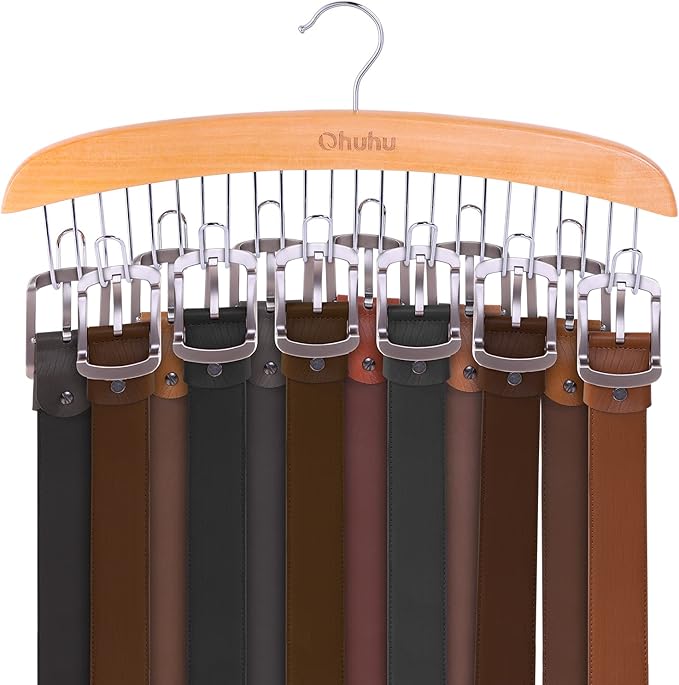 Belt Hanger Organizer for Closet: Ohuhu 12 Hooks Max 36 Belts Tie Rack Wooden Belt Holder for Storage 360 Degree Rotating Space Saver Organizer for Men Women Belt Tie Scarf Accessories-Burlywood