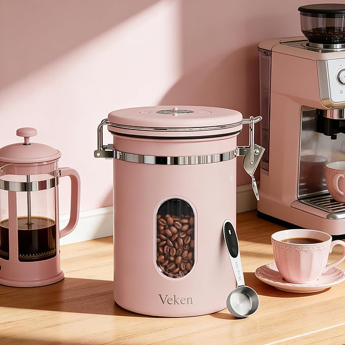 Veken Coffee Canister with Window, Airtight Stainless Steel Kitchen Food Storage Container with Lids, Date Tracker and Scoop for Grounds Coffee, Beans, Tea, Flour, Cereal, Sugar Jars, 22OZ, Pink