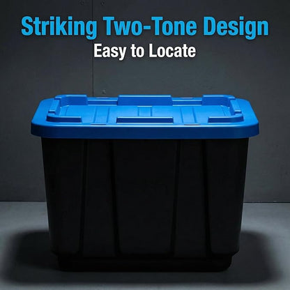12 Gallon Rugged Plastic Storage Bins with Latching Lids - Stackable Heavy Duty Totes for Garage, Basement, Workshop, Camping and Home Organization, Black 4-Pack Utility Container Set