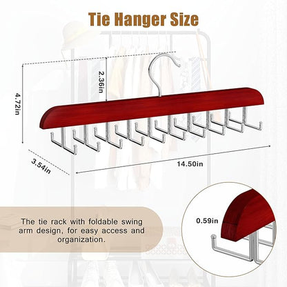 Tie Rack Hanger for Closet, 2 in 1 Belt Tie Hangers with 20 Folding Hooks, 360 Degree Rotating Wooden Tie Holder Organizer for Men Ties Belts Scarves Tank Tops Accessories, Walnut (1 Pack)