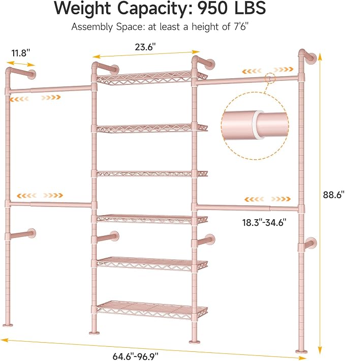 ONBRILL H3 Wall Mounted Closet System, Expandable Industrial Pipe Clothes Rack Clothing Rack for Hanging Clothes, Heavy Duty Closet Organizers and Storage in Wardrobe Closet, Pink