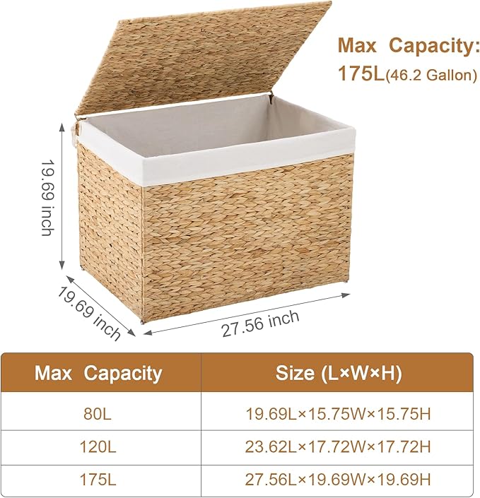 Water Hyacinth Storage Basket with Lid, 46.2 Gallon (175L) Wicker Shelf Basket with Removable Liner, Wicker Storage Basket for Blanket, for Livingroom, Bedroom, Natural