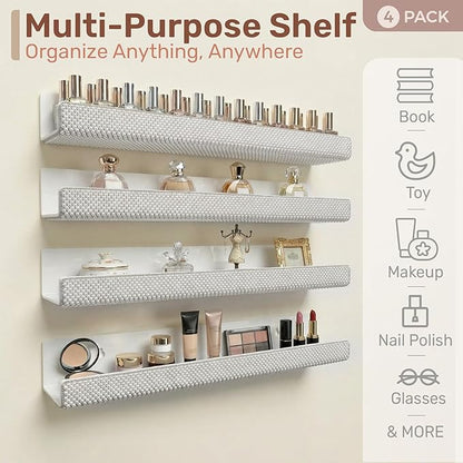 4 Pack 15 Inch Nail Polish Wall Rack，Pearls Crystal Rhinestone Acrylic Nail Polish Organizer，Sunglasses Essential Oil Picture Display Storage Wall Shelf