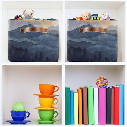 YETTASBIN Nature Mountain Storage Basket 2pc, Large Collapsible Toys Clothes Organizer, Durable Canvas Storage Bin with Handle for Shelves Closet Laundry Home Office Decor