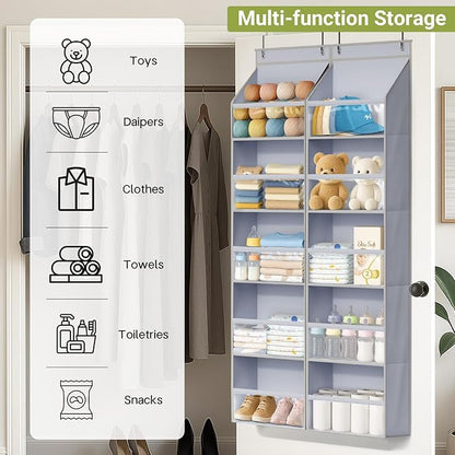 AOODA 2 Pack Over the Door Organizer, Large Capacity Closet Door Hanging Organizer, Clear Deep Pockets Baby Organizer Storage for Nursery, Bathroom, Bedroom, Pantry, Diapers (Grey)